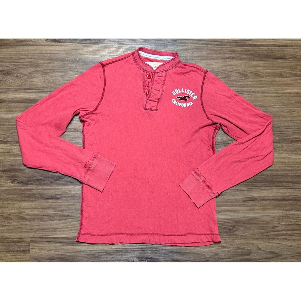 VTG Hollister California Mens Distressed Red Long Sleeve Henley Shirt Size M
